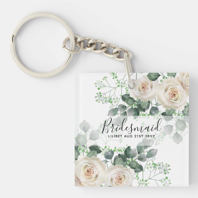 Bridesmaid gibt White Roses Thema Personalisiert Schlüsselanhänger (Vorderseite)