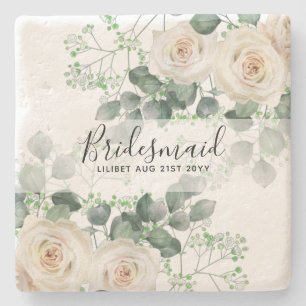 Bridesmaid gibt White Roses Thema Personalisiert Steinuntersetzer