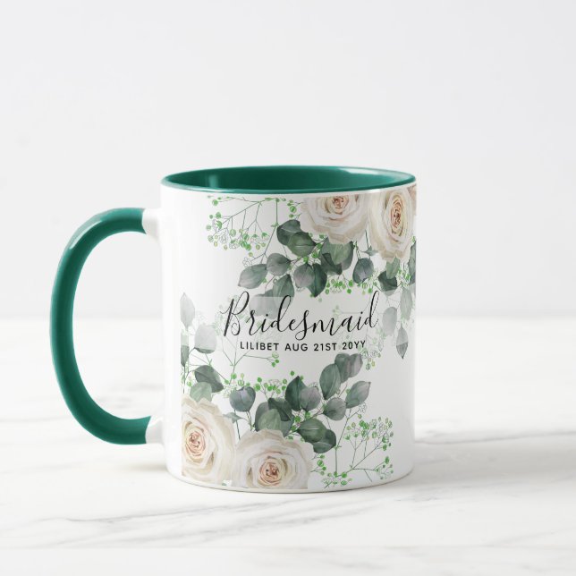 Bridesmaid gibt White Roses Thema Personalisiert Tasse (Links)