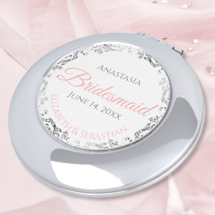 Bridesmaid Gift Compact Mirror Pink Silver Taschenspiegel