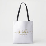 Bridesmaid Gift Gold Name<br><div class="desc">Diese Bridesmaid-Make-up und Accessoires-Tasche enthält eine handgeschriebene Goldskripttypografie mit Swashes auf einem Mitternacht oder weißem Hintergrund. Präsentieren Sie Ihre Brautjungfrauen mit einer Toilettentasche für ihr Schminken und kleinen Gegenständen,  die traditionell am Probe-Dinner präsentiert werden,  für den Einsatz am frühen Morgen vor der Hochzeit.</div>