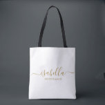 Bridesmaid Gift Gold Name<br><div class="desc">Diese Bridesmaid-Make-up und Accessoires-Tasche enthält eine handgeschriebene Goldskripttypografie mit Swashes auf einem Mitternacht oder weißem Hintergrund. Präsentieren Sie Ihre Brautjungfrauen mit einer Toilettentasche für ihr Schminken und kleinen Gegenständen, die traditionell am Probe-Dinner präsentiert werden, für den Einsatz am frühen Morgen vor der Hochzeit.</div>