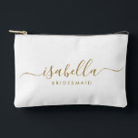 Bridesmaid Gift Gold Name Zubehörtasche<br><div class="desc">Diese Bridesmaid-Make-up und Accessoires-Tasche enthält eine handgeschriebene Goldskripttypografie mit Swashes auf einem Mitternacht oder weißem Hintergrund. Präsentieren Sie Ihre Brautjungfrauen mit einer Toilettentasche für ihr Schminken und kleinen Gegenständen,  die traditionell am Probe-Dinner präsentiert werden,  für den Einsatz am frühen Morgen vor der Hochzeit.</div>