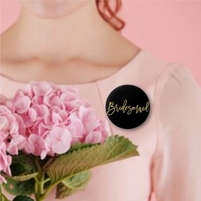 Bridesmaid Gold Brush Script Brautparty Hochzeit Button ('Bridesmaid' Gold Brush Script Calligraphy Wedding Rehearsal Pin Button @ fatfatin_blue_knot)