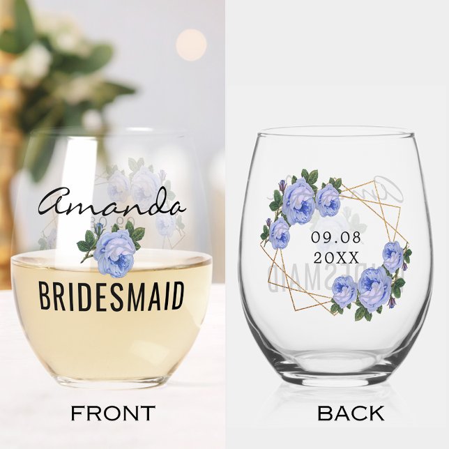 Bridesmaid Gold Glitzer Geo Blue Floral Wedding Weinglas Ohne Stiel (Bridesmaid Gold Glitter Geo Blue Floral Wedding Stemless Wine Glass)