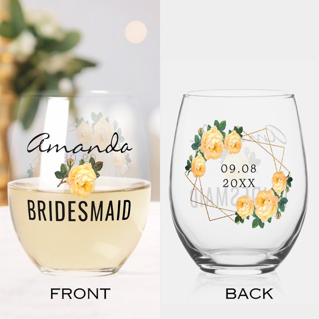 Bridesmaid Gold Glitzer Geo Orange Floral Wed Weinglas Ohne Stiel (Bridesmaid Gold Glitter Geo Blue Floral Wedding Stemless Wine Glass)