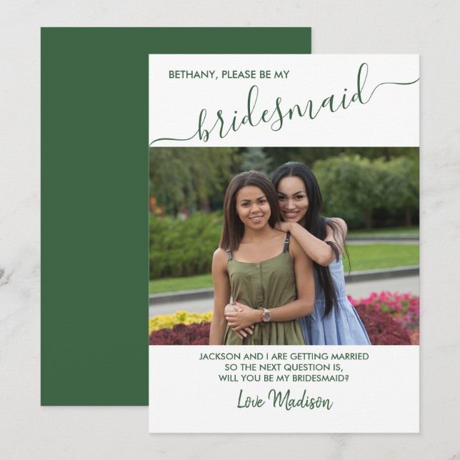 Bridesmaid Green-White-Foto-Vorschlagskarte Einladung (Vorne/Hinten)