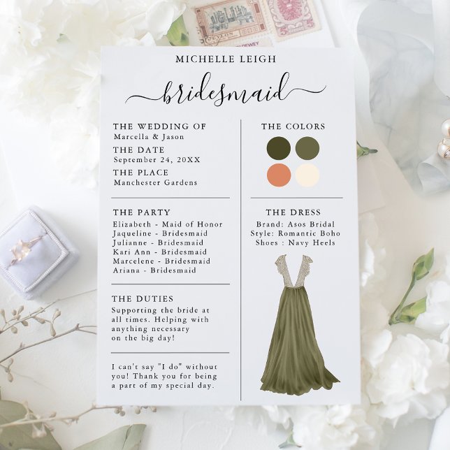 Bridesmaid Info Card Details Olive, Clay Einladung (Von Creator hochgeladen)