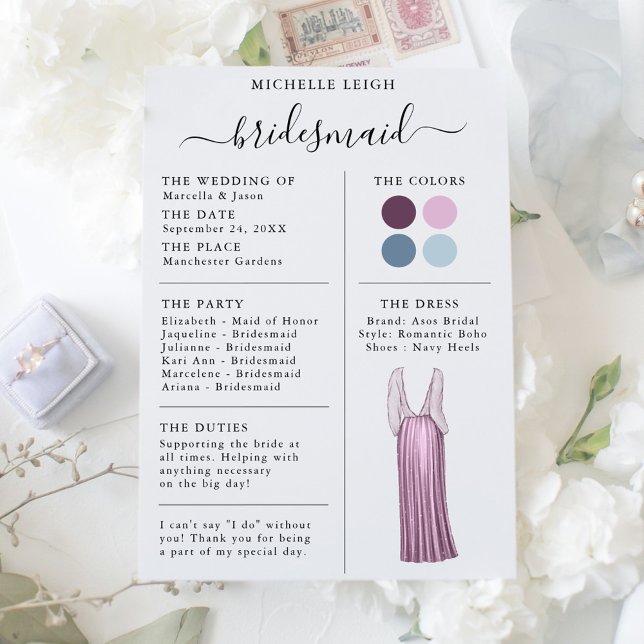 Bridesmaid Info Card Details Plum, Lavender, Blau Einladung (Von Creator hochgeladen)