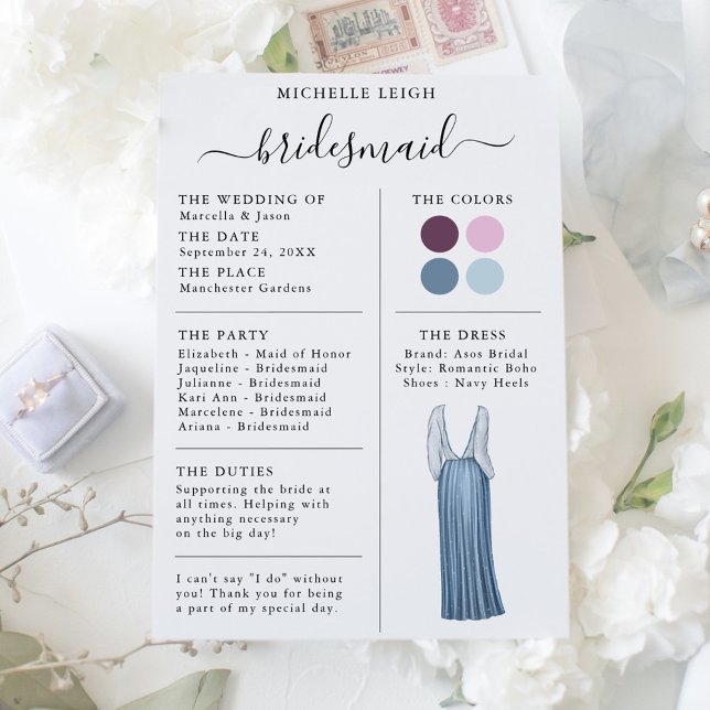 Bridesmaid Info Card Details Plum, Lavender, Blau Einladung (Von Creator hochgeladen)