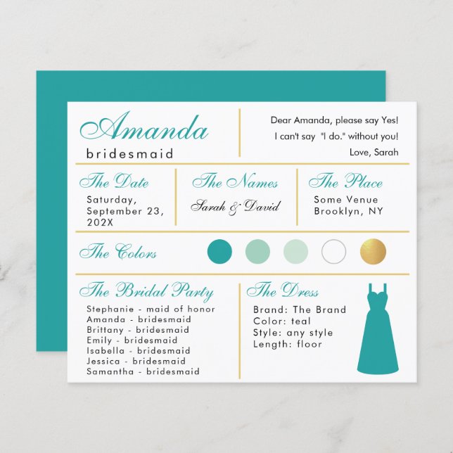 Bridesmaid Information Card Aquamarine Imitate Gol (Vorne/Hinten)