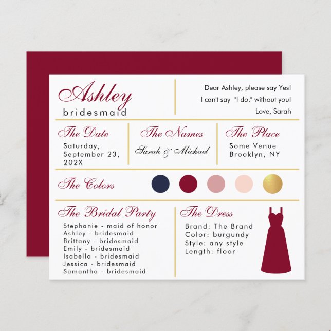 Bridesmaid Information Card Burgundy Gold Colors (Vorne/Hinten)