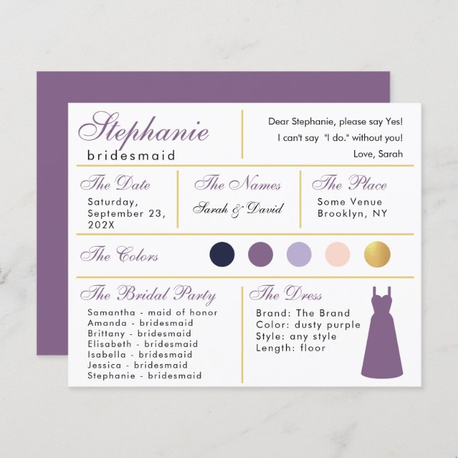 Bridesmaid Information Card - Dusty Lila Gold (Vorne/Hinten)