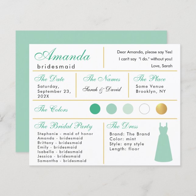 Bridesmaid Information Card Minze Green Imitate Go (Vorne/Hinten)