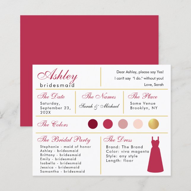 Bridesmaid Information Card Modern Magenta Gold (Vorne/Hinten)