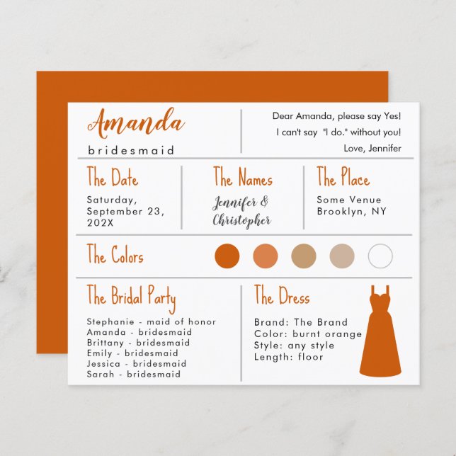 Bridesmaid Information Card - Orangefarbenes Kleid (Vorne/Hinten)