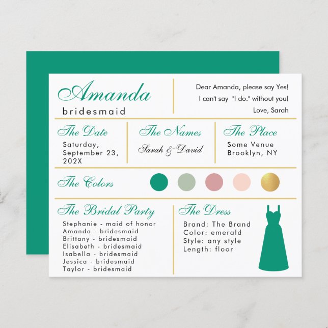Bridesmaid-Informationskarte Emerald Green Gold (Vorne/Hinten)