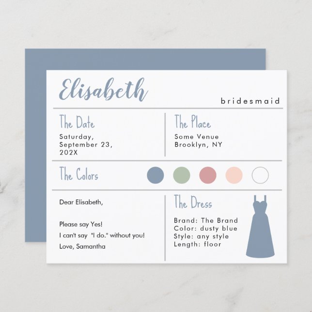 Bridesmaid-Informationskarte mit Dusty Blue Dress (Vorne/Hinten)
