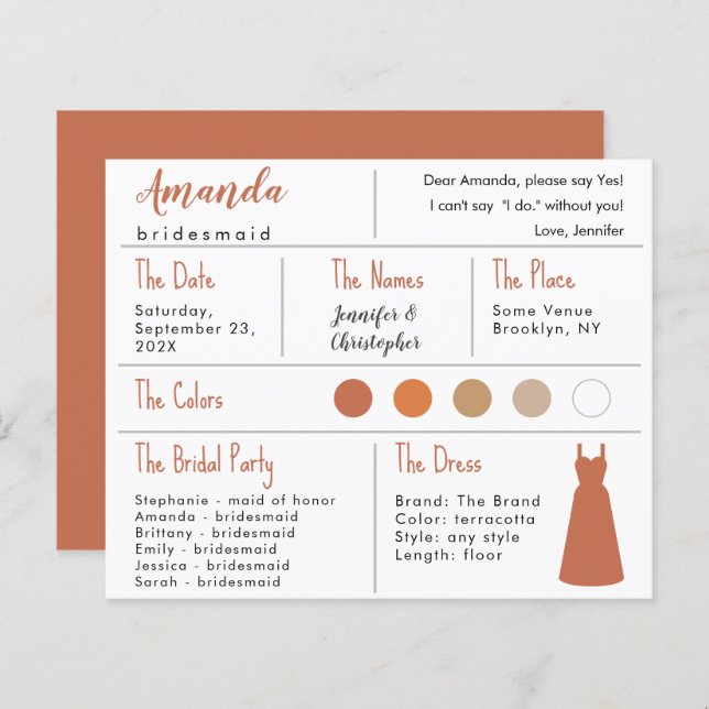 Bridesmaid-Informationskarte - Terracotta-Neutrale (Vorne/Hinten)