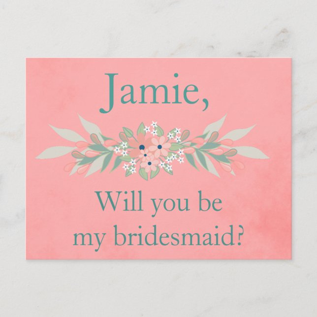 Bridesmaid Invite Pink und Green Floral Einladungspostkarte (Vorderseite)