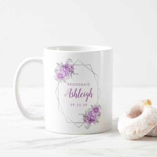 Bridesmaid Lavender Floral Geometric Silver Frame Kaffeetasse (Mit Donut)