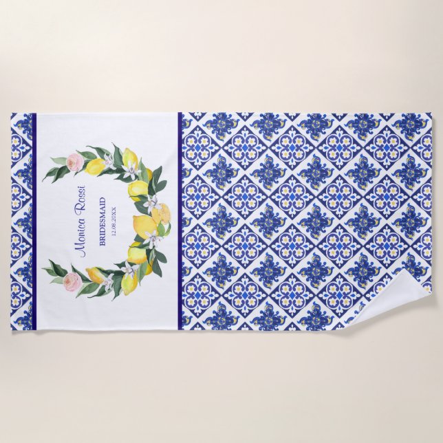 Bridesmaid Lemon Blue Italian Tiles Brautparty Strandtuch (Vorderseite)