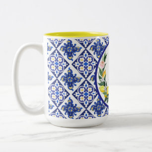 Bridesmaid Lemons Blue Italian Tiles Brautparty Zweifarbige Tasse