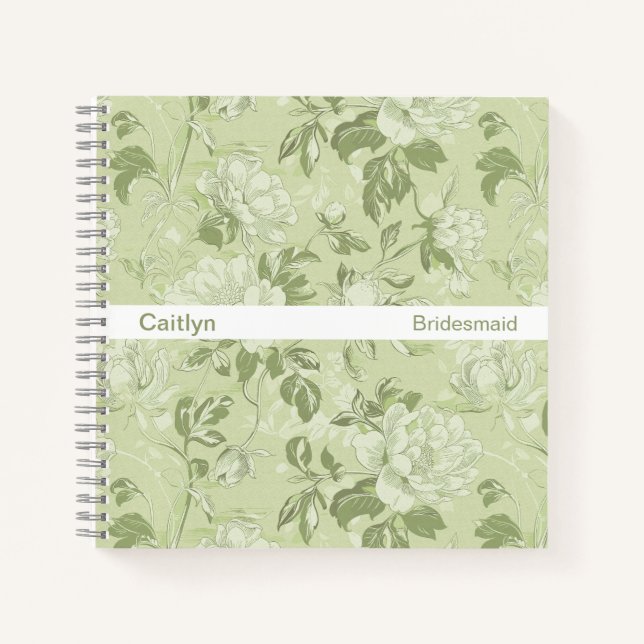 Bridesmaid Minimalist Stripe Green Floral Square Notizbuch (Vorderseite)