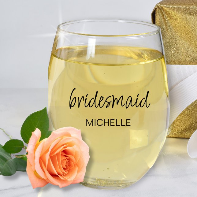 Bridesmaid Minimalistisch Moderne Skriptbezeichnun Weinglas Ohne Stiel (Personalized Name Bridesmaid Wedding Favor Gift Bachelorette Bridesmaid Proposal Stemless Wine Glass)