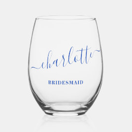 Bridesmaid Modern Blue Script Name Brautparty Weinglas Ohne Stiel