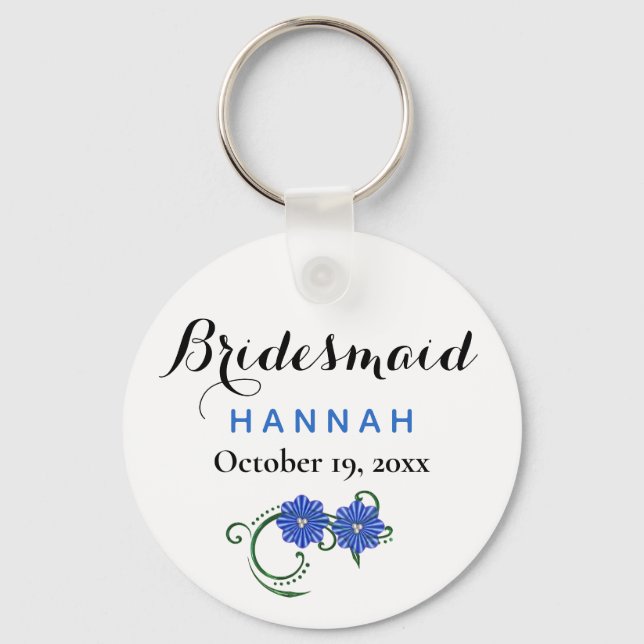 Bridesmaid Moderne Typografie Blaue Blumen Hochzei Schlüsselanhänger (Vorderseite)
