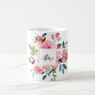 Bridesmaid Monogram Wasserfarbe Frühlingsblumen Kaffeetasse