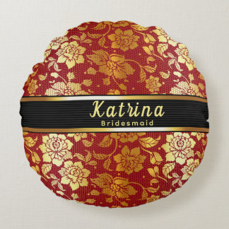 Bridesmaid Name Red Gold Glitzer Wedding Rundes Kissen