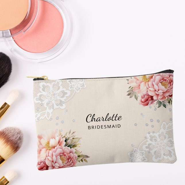 Bridesmaid rosa Blumen Spitzen Pfirsichbeige Zubehörtasche (Von Creator hochgeladen)