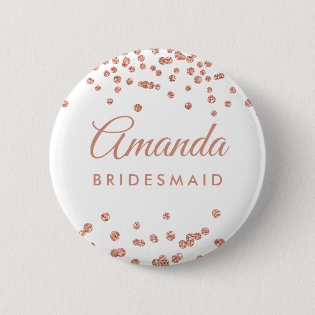 Bridesmaid Rose Gold Glitzer Confetti Weiß Button (Vorderseite)