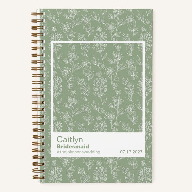 Bridesmaid Sage Green Floral Lines Pattern Swatch Notizbuch (Vorderseite)