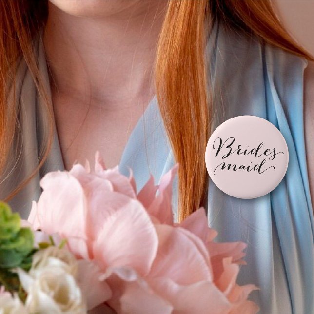 Bridesmaid Script Calligraphy Wedding Brautparty Button (BRIDESMAID Classic Script Calligraphy Pink Wedding Bridal Party Pinback Button @ fatfatin_blue_knot)