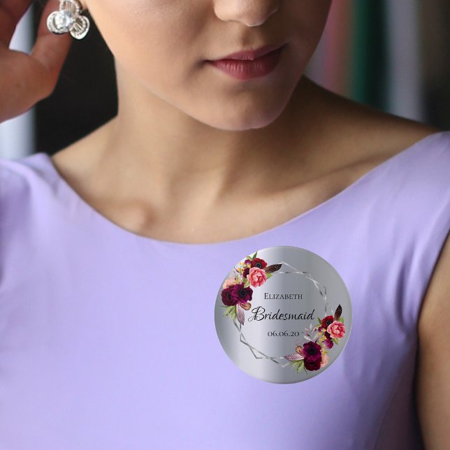 Bridesmaid Silberfloralen bordeauxrot Button (Von Creator hochgeladen)