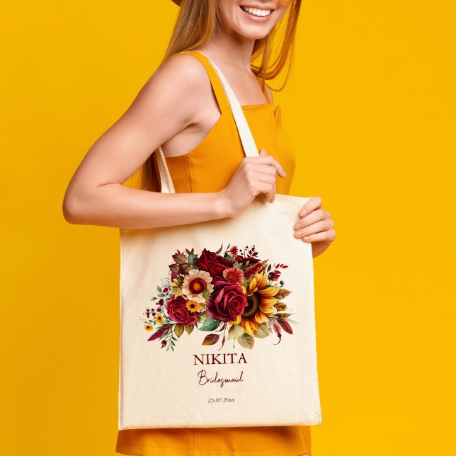 Bridesmaid spendet burgundische Rose Sonnenblumen Tragetasche (Bridesmaid gifts burgundy roses sunflowers personalized tote bag)