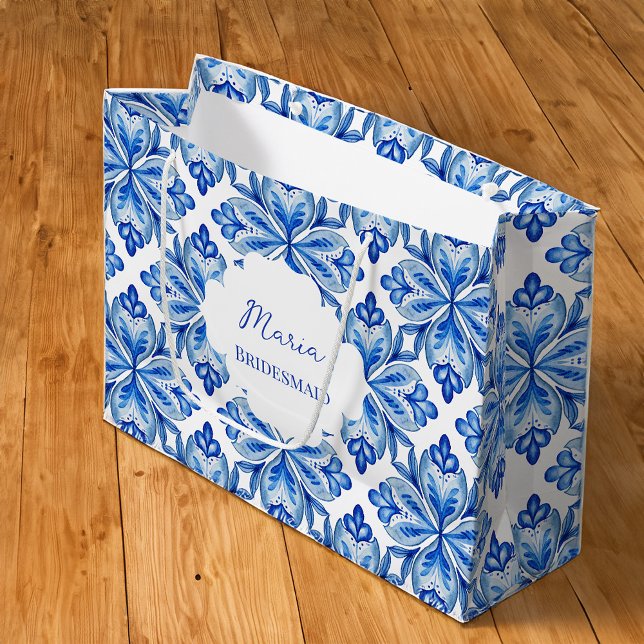 Bridesmaid spendet italienische blaue Fliesen pers Große Geschenktüte (Bridesmaid gifts bag Italian Blue tiles personalized name Large Gift Bag)