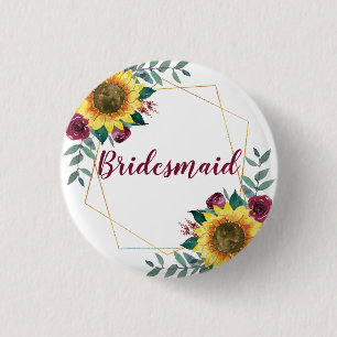 Bridesmaid Sunflower Geometric Burgundy Button