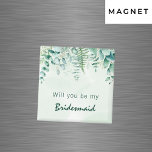 Bridesmaid Trauzeugin Eukalyptusgrün Magnet<br><div class="desc">Ein grüner, weißer, wasserfarbener Hintergrund. Die Einrichtung ist mit Eukalyptus-Grünpflanzen und Waldfarn gestaltet. Mit dem Text: Werden Sie meine Bridesmaid oder Trauzeugin.</div>