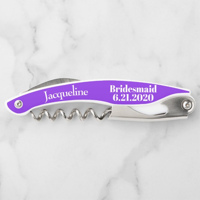 Bridesmaid Violet Gastgeschenk Hochzeit Corkschrau Kellnermesser (Rückseite)