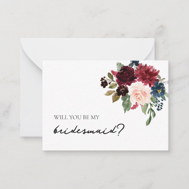 Bridesmaid Vorschlag Card Fall Burgundy Navy Flora Mitteilungskarte (Vorderseite)