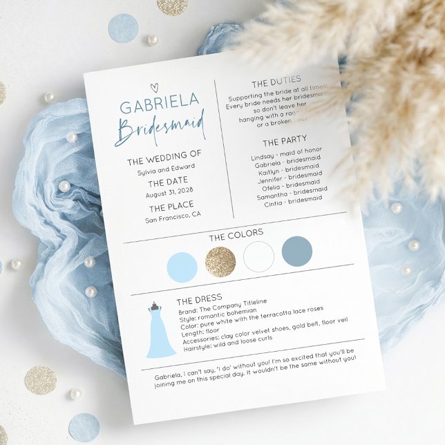 Bridesmaid Vorschlag & Information Dusty Blue (Dusty Blue Bridesmaid Proposal and Information Card with Wedding Colors Date and Duties)