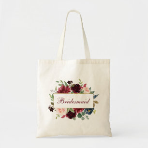 Bridesmaid Watercolor Burgundy Blue Floral Tragetasche
