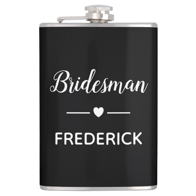 Bridesman White on Black Personalisiert Wedding Flachmann (Vorderseite)