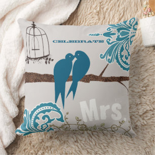 Bridge Aquamarin Damask Kissing Love Birds Birdcag Kissen
