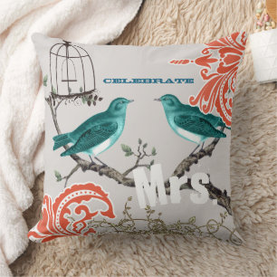 Bridge Aquamarin & Mandarine Damask Love Bird Bird Kissen