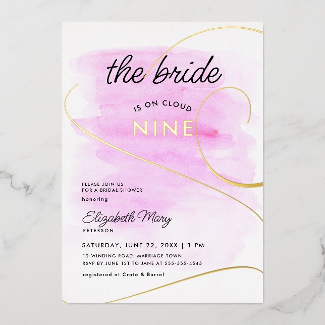 Bridge auf Cloud 9 Watercolor Gold Brautparty Folieneinladung (Vorderseite)